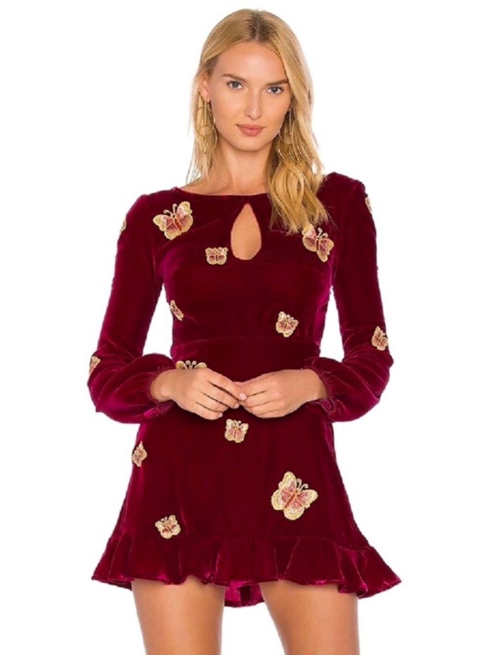 FOR LOVE AND LEMONS REVOLVE EMBROIDERED LONG SLEEVE VELVET MINI DRESS
